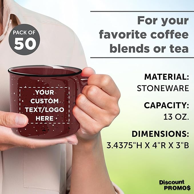 DISCOUNT PROMOS Custom Ceramic Campfire Coffee Mugs 13 oz. Set of 50, Personalized Bulk Pack - Perfect for Tea, Espresso, Cappuccino, Hot Cocoa - Maroon