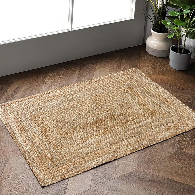 Hausattire Hand Woven Jute Braided Rug, 2'x3' – Natural, Reversible Boho Entry Area Rugs for Kitchen, Living Room I Farmhouse Indoor Outdoor Decorative Floor Rug, 24x36 Inches