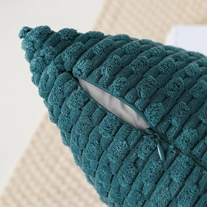 Kevin Textile Throw Pillow Covers Soft Corduroy Decorative Set of 2 Boho Striped Pillow Covers Pillowcases Farmhouse Home Decor for Couch Bed Sofa Living Room 24x24 Inch Teal Blue