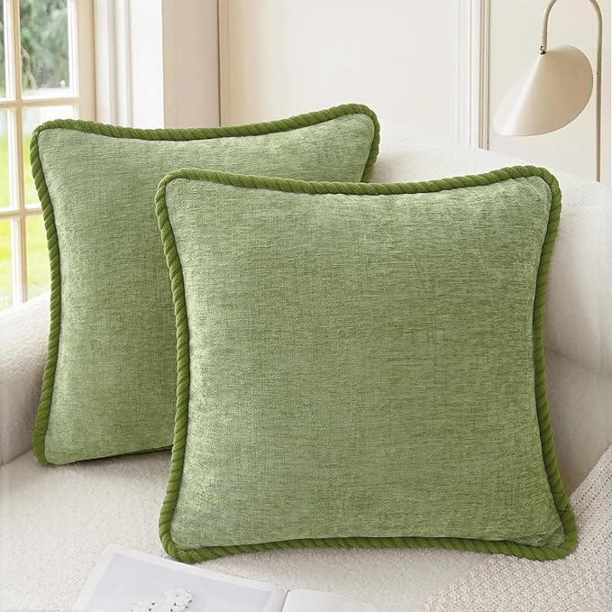 CaliTime Decorative Couch Throw Pillow Covers 20 X 20 Inches Pack of 2 Cozy Chenille Piping Edge Cushion Cases for Sofa Bed Living Room Home Sage Green