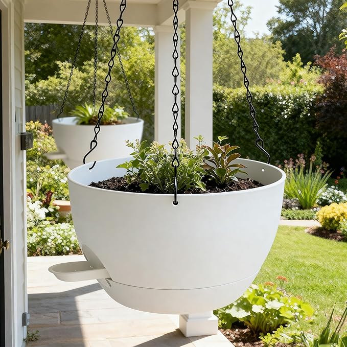WOUSIWER Self Watering Hanging Planters, 2 Pack 10'' Plastic Pots with Drainage Holes & Reservoir Tray (White) | Indoor & Outdoor Use for Ferns, Ivy, Herbs, Succulents
