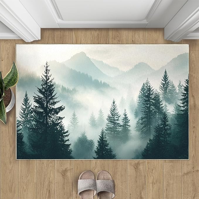 Misty Forest 3x4 Area Rug Natural Landscape Washable Rugs for Living Room Bedroom, Green Woods Soft Low Pile Non Slip Accent Floor Mat Print Throw Rug Indoor Carpet Dining Room Playroom