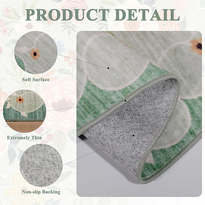 DUKINO 2x5 Runner Rug for Hallway, Washable Kitchen Floral Runner Rug with Non Slip Backing, Low Pile Soft Boho Carpet for Kitchen, Hallway, Entryway, Laundry, Bedroom, Green
