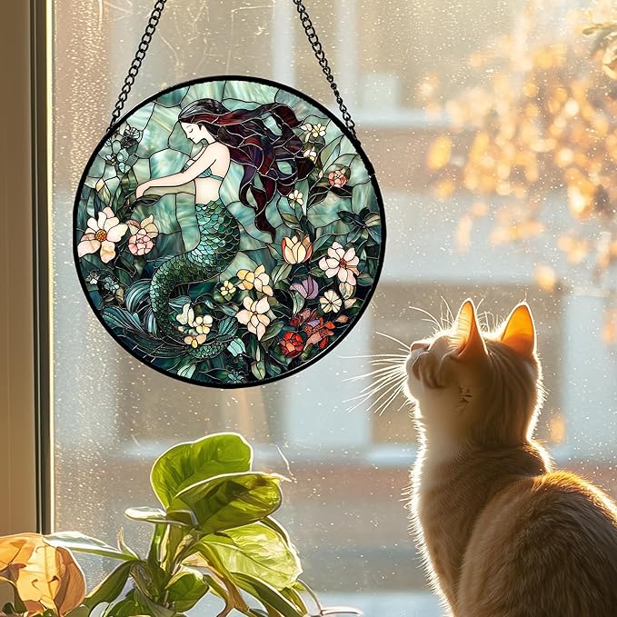 Stained Glass Window Hanging - Teal Sleeping Mermaid Suncatcher for Door Terrace Garden Home Decor, Sea of Flowers Sun Catcher Birthday Gifts for Lovers Women Men Dad Mom Nana 15 in