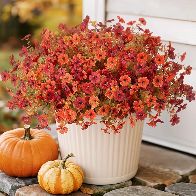 12 Bundles Fake Mums Fall Flowers Artificial for Outdoors Decoration Artificial Mums Faux Plants Daisy for Outdoor Outside Planters UV Resistant Violets for Fall Decor Home Porch Door Front Patio Yard