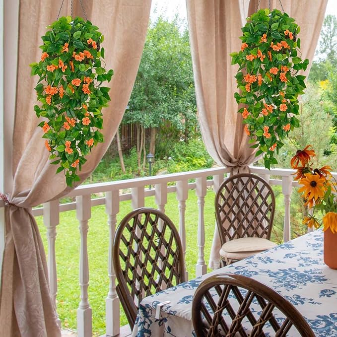 BLEUM CADE Artificial Hanging Flowers for Outdoors, 4pcs Fake Hanging Plants Pothos Vines with Orange Flowers for Wall Home Living Room Indoor Outdoor Fall Decor (No Baskets)