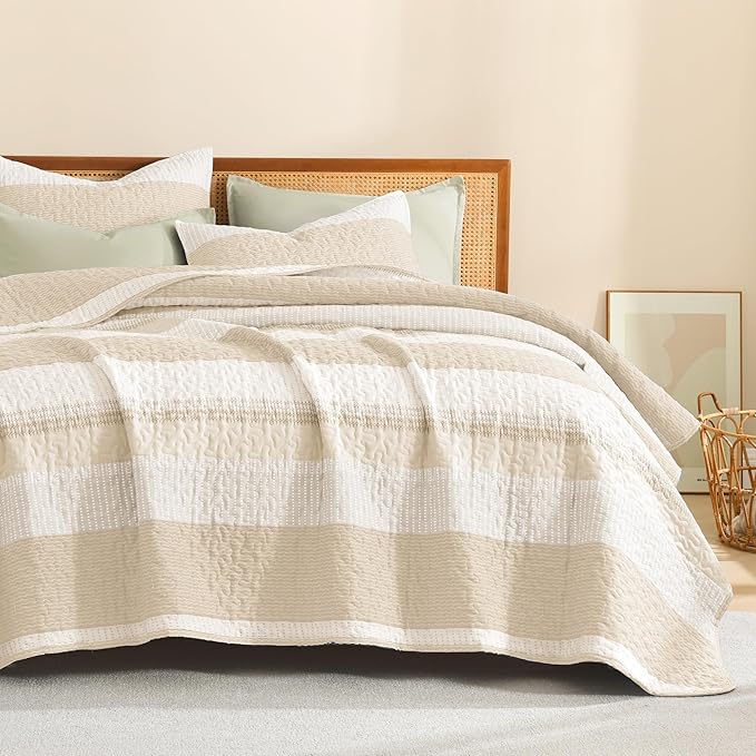 Litanika Quilt Queen Size Beige, Stripe Patchwork Summer Bedspread Coverlet 3 Pieces, Soft Lightweight Microfiber Quilted Bedding Set for All Season(1 Quilt, 2 Pillowcases)