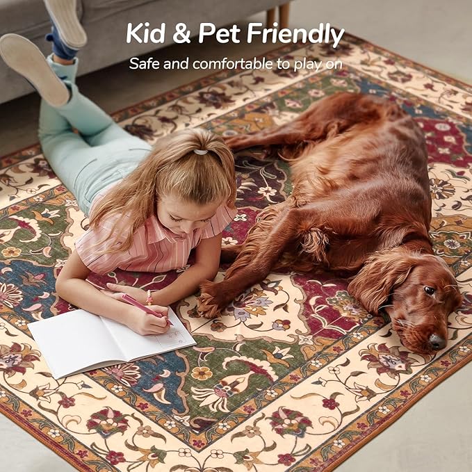 Lessymo Moroccan Area Rugs 3x5, Fauxwool Washable Area Rug for Bedroom Entryway Living Room, Non-Slip Multicolor Oriental Rug, Low Plie Boho Vintage Area Rug, Kid & Pet Friendly, Classic Red and Cream