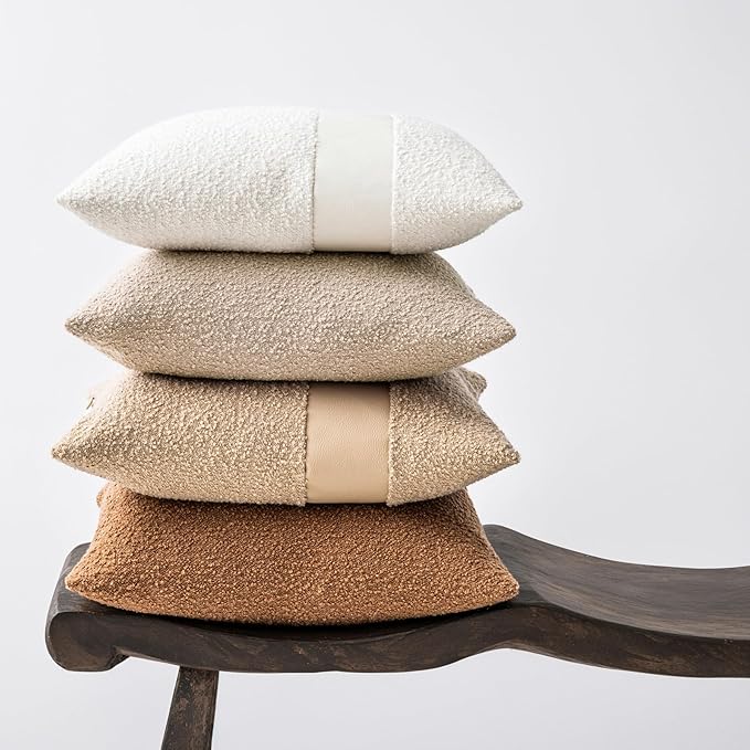 18"x18" Tobacco Boucle Throw Pillow Covers with Faux Leather Accents Set of 2 Fluffy Textured Decorative Pillow Cases for Couch Bed Boho Farmhouse Square Cushion Covers for Nordic Home Décor