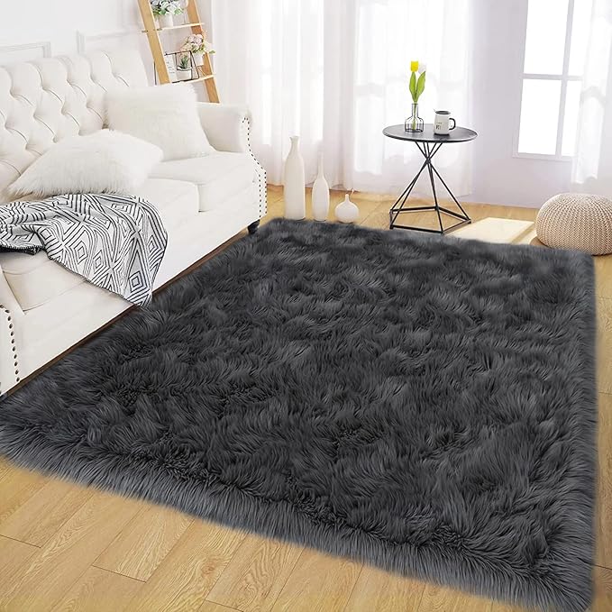 Latepis Dark Grey Rugs 6x8 Area Living Room Faux Sheepskin Fur Rug for Bedroom Washable Shag Fuzzy Furry Rug Home Décor, Rectangle