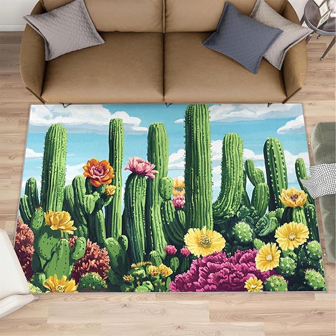 Cactus Living Room Rugs, Desert Oasis Area Rugs 3x4 Rug Succulents Non-Slip Washable Rugs Stain Resistant Rug Low-Pile Throw Rug for Bedroom Dining Room Office