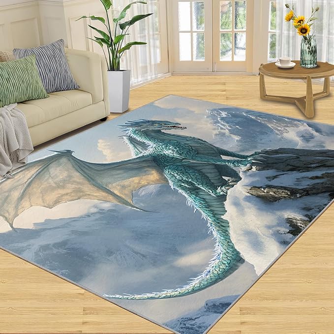 Dragon Area Rug 5x6 Washable Rug Fantasy Animals Rugs for Living Room Winter Landscape Non Slip Carpet Floral Print Mat Bedroom Bathroom