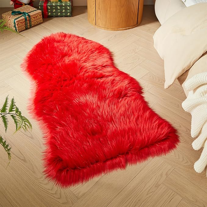 AMTOVO Faux Fur Rug, Red Area Rug, Fluffy Sheepskin Rug, Fuzzy Ultra Soft 2 x 4 ft Shag Rugs for Bedroom Sofa Throw Cushion Room Decor, Sheepskin
