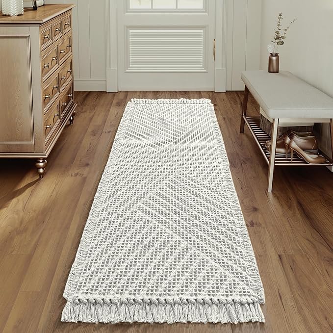 H.VERSAILTEX Waffle Bath Runner Rug Long Bath Mat Super Absorbent Boho Bath Rugs Non Slip Bath Runner for Bathroom Floor Machine Washable Dry Fast Bathroom Rugs with Tassels, 24" x 72", Ivory White