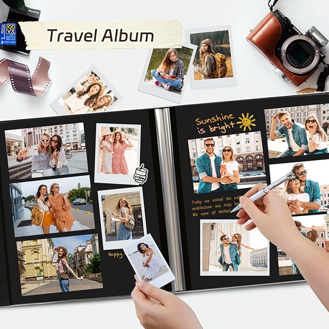 RECUTMS Photo Album 60 Pages Black Inner Button Grain Leather for 4x6 5x7 8x10 Pictures DIY Scrap Large Photo Book Baby Family Wedding Anniversary Self Adhesive Handmake Scrap Book（Wine Red）