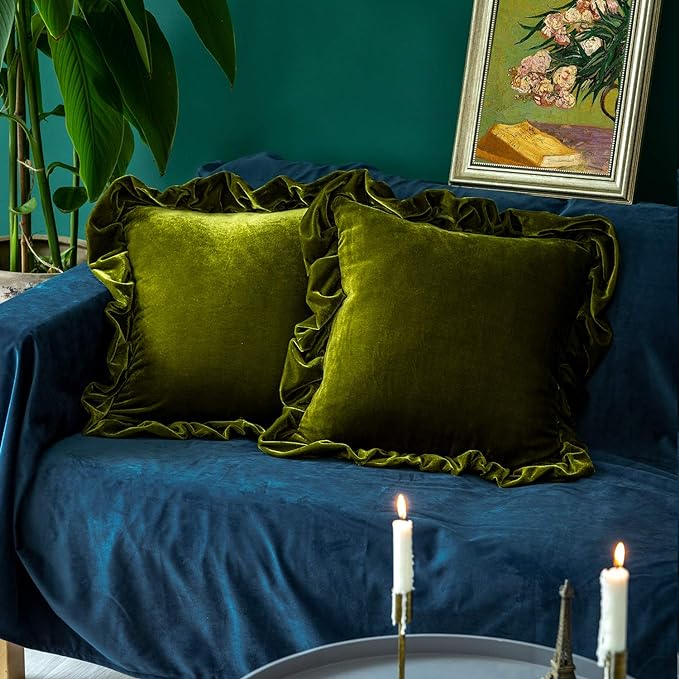 Velvet Throw Pillow Cover Soft Decorative Luxurious Solid Square Cushion Case for Sofa Couch Bedroom Farmhouse,Pack of 2, 18 x 18 Inches, Olive Green