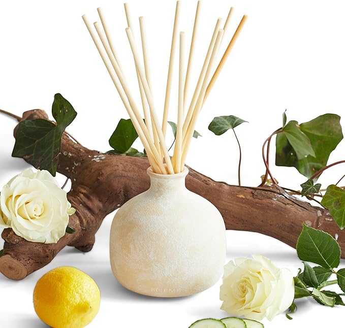 BLUEME Renew-Ivy & Rose, 16.91 Fl Oz Wellness Diffuser, Contains Essential Oil, Sustainable, Hand Finished, Premium, Luxury Ceramic, Natural Rattan Reeds