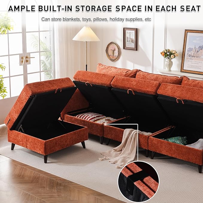 135'' Modular Sectional Sofa with Seats Storage, Oversized U Shaped Couch for Living Room,4-Seater Comfy Cloud Couches with Deep Seat,Movable Ottoman,2 Throw Pillow,Chenille,Orange