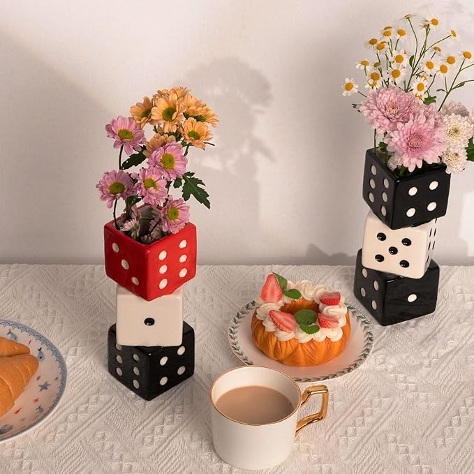 Funky Dice Vase - Unique Ceramic Home Decor for Bars| Stylish Black, White & Red Geometric Design | Perfect for Fresh, Dried, or Artificial Flower Arrangements | Ideal Gift for Art Lovers