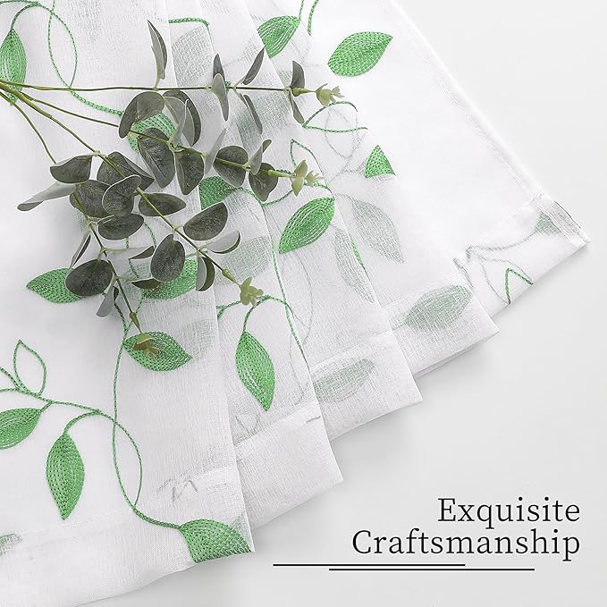 Tollpiz Green Leaf Sheer Curtain Leaves Embroidered Bedroom Short Curtains Rod Pocket Voile Window Treatments for Living Room, 38 x 45 inches Long, Set of 2 Panels