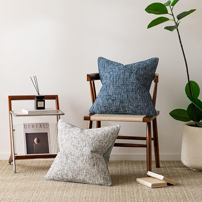 a moment Blue Reversible Pillow Covers 2 Pack - Farmhouse Chenille Throw Pillows, Neutral Textured Decorative Throw Pillow Covers with Border for Couch Sofa Bed (12x20 Inch, No Insert)