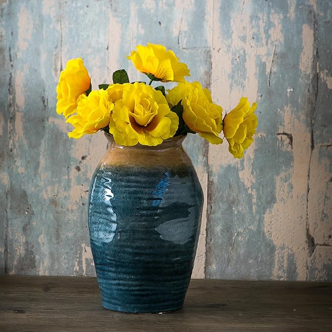 Blue Floor Vase, Ceramic Glazed Large Vase for Modern Farmhouse Home Decor, Rustic Terracotta Pottery, Vintage Clay Vase for Living Room Entryway Centerpiece