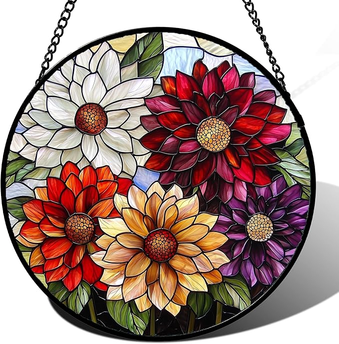 Stained Glass Window Hanging, Colorful Flowers Sun Catcher for Window Door Home Decor Plant Suncatcher Christmas Mother's Day Birthday Gifts for Women Men Mom and Nana 15 in