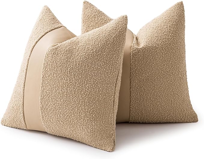 22"x22" Khaki Boucle Pillow Covers with Faux Leather Accents Set of 2 Fluffy Textured Decorative Throw Pillow Cases for Couch Bed Boho Farmhouse Square Cushion Covers for Home Décor