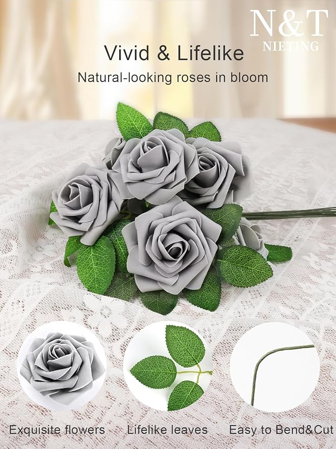 N&T NIETING Artificial Rose, 50pcs Gray Fake Foam Flowers with Stems for Wedding Party Baby Shower Cake Decoration, Home Display