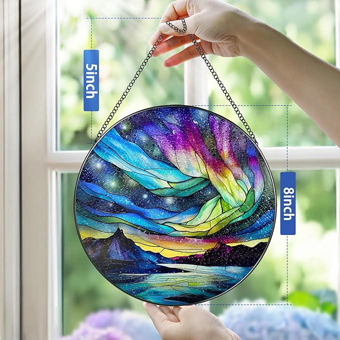 Stained Glass Window Hanging - 8 Inch Aurora Borealis Suncatcher for Window Doors Home Decoration, Valentine's Day Mother's Day Christmas Birthday Gifts for Women, Men, and Mom Grandma