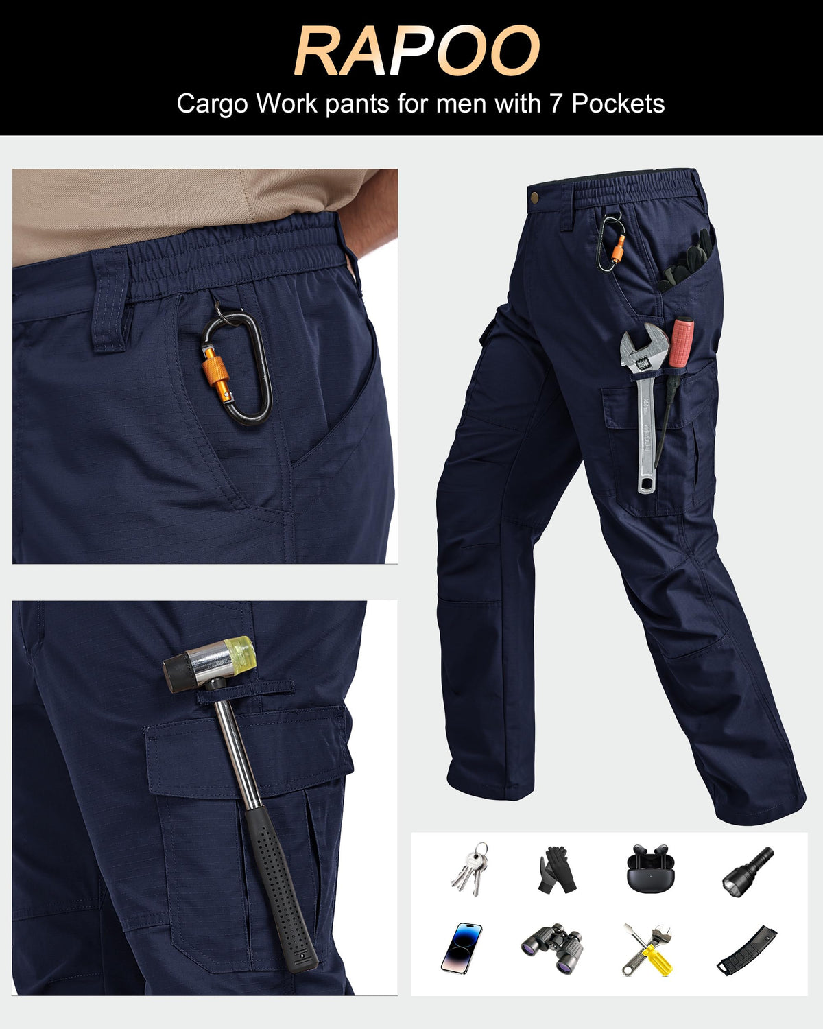 Rapoo Tactical Pants for Men Cargo Working Fishing Hiking Pants for Men with Pockets Mens Construction Outdoor Pants Navy 32Wx34L