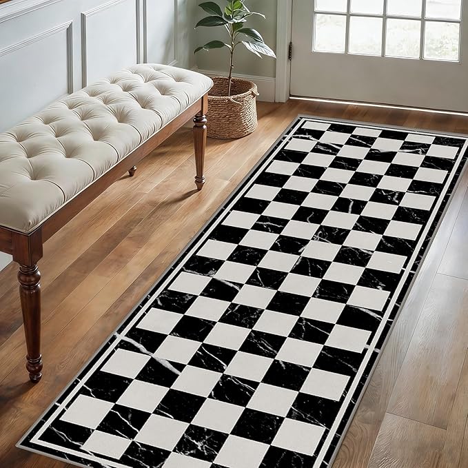 Grey Black Checkered Kitchen Hallway Carpet, 4x12ft, Abstract Black Marble Indoor Decor Washable Rugs, Durable Soft Cozy Non Slip Rug, Breathable Non Shedding Mats for Front Porch
