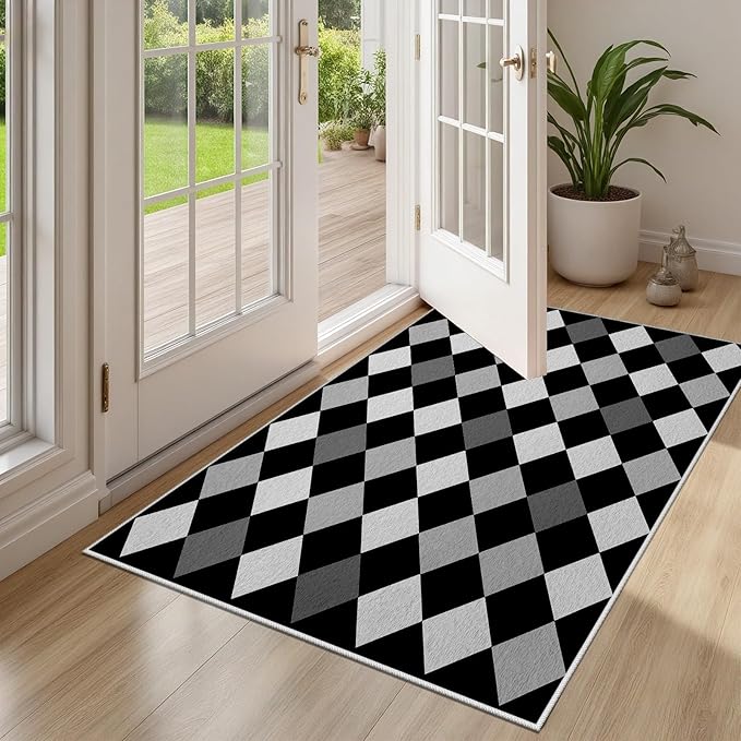 Black and White Rug 5x7, Rhombus Geometric Soft Ultra Soft Faux Wool Low Pile Rug, Indoor Floor Mats Carpet, Non-Slip Stain Resistant Washable Rugs, Modern Abstract Checkered Rugs for Living Room