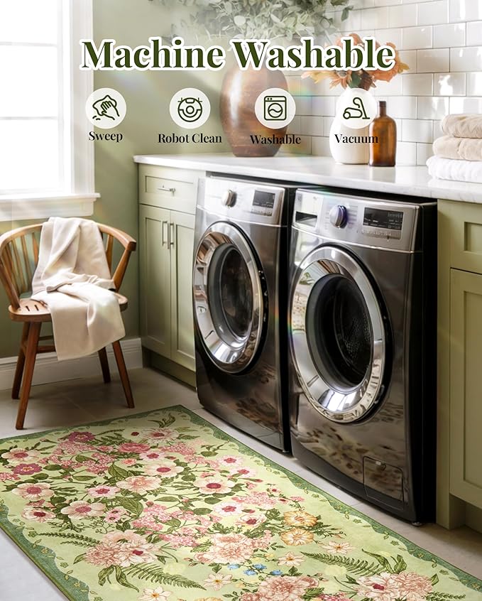 Floral Area Rug Living Room - 8x10 Washable Rugs Low Pile Non-Slip Soft Bedroom Rugs Under Bed Stain Resistant Accent Indoor Vintage Carpet for Dining Room Nursery Home Office Decor, Green