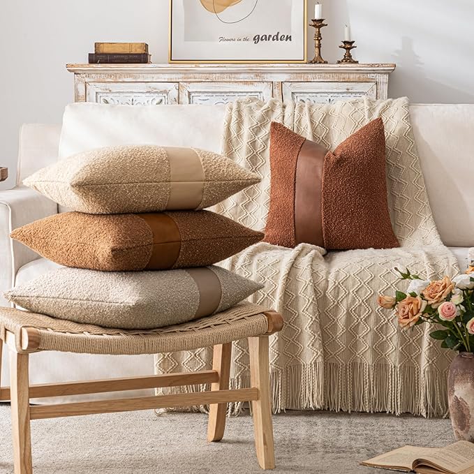 24"x24" Oatmeal Boucle Pillow Covers with Faux Leather Accents Set of 2 Fluffy Textured Decorative Throw Pillow Cases for Couch Bed Boho Farmhouse Square Cushion Covers for Home Décor