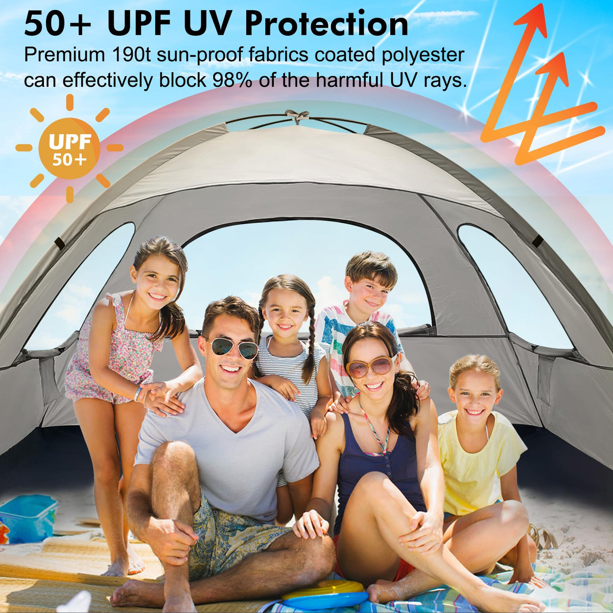 WhiteFang Beach Tent Anti-UV Portable Sun Shade Shelter for 6 Person, Extendable Floor with 3 Ventilating Mesh Windows Plus Carrying Bag, Stakes and Guy Lines (Baby's Breath)