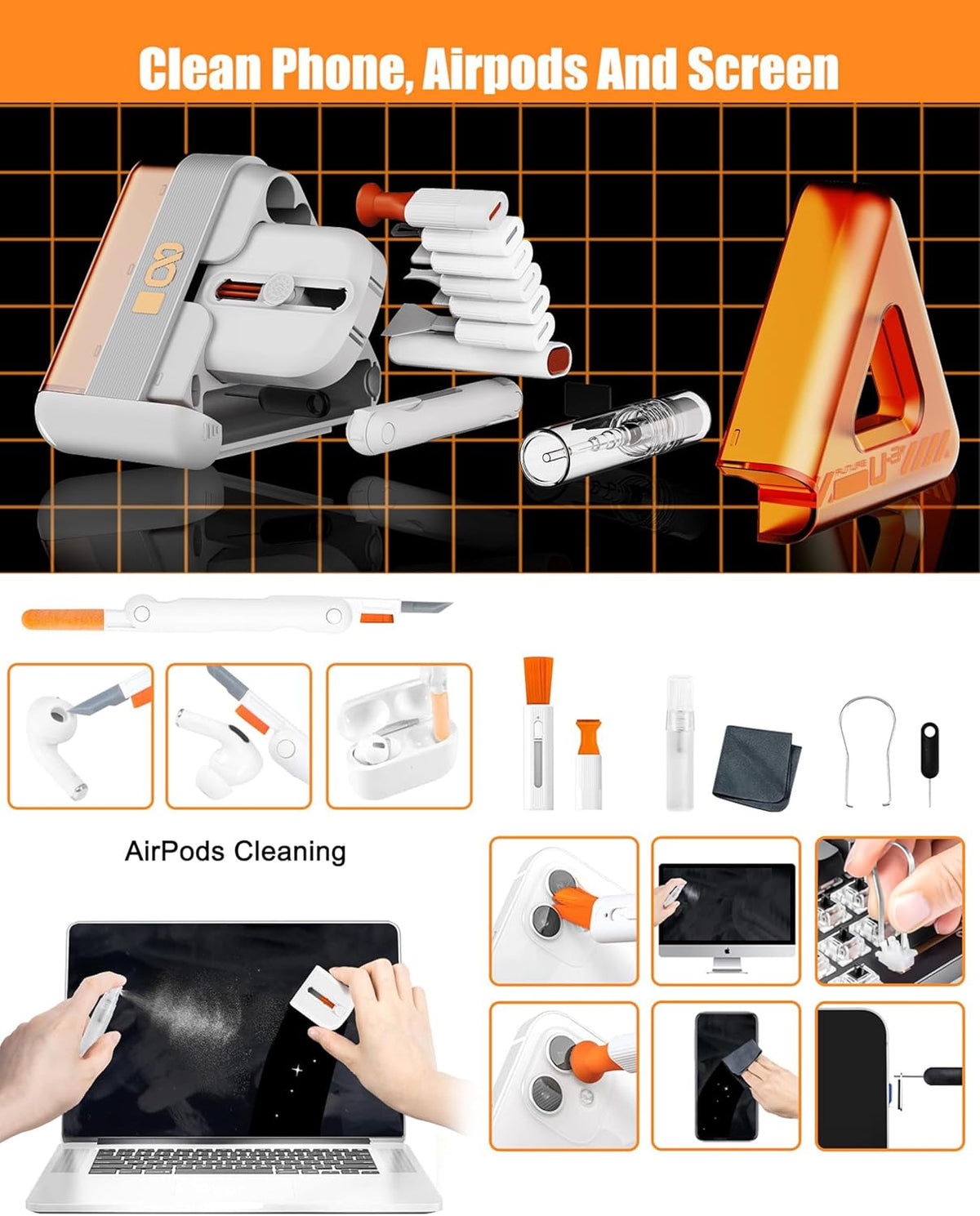 TEDBOX 21 Laptop, Phone, and Electronics Cleaning Kit with Spray, Microfiber Cloth, Brush, Tools (Triangle)