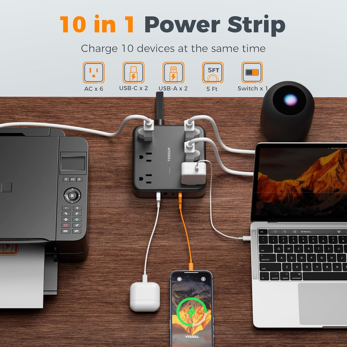 TESSAN 5Ft 6 4 (2 2100 Black Extension Cord with Multiple Outlets, Surge Protector Power Strip with Outlets and USB