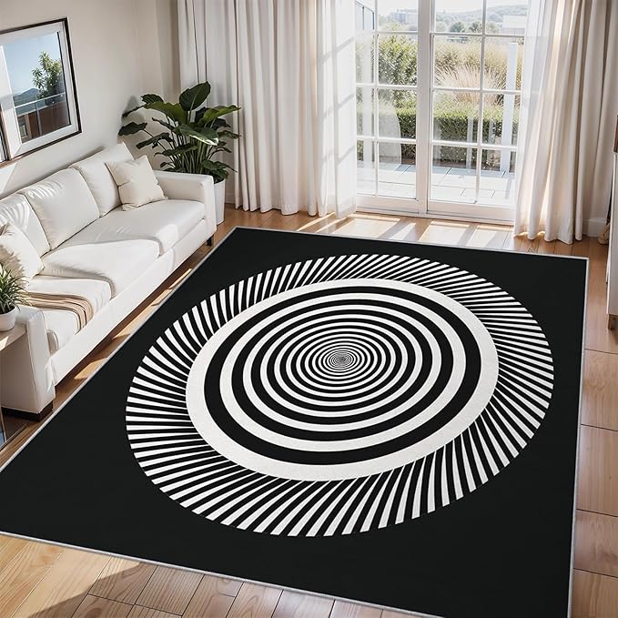 Black and White Circle Rugs for Home Decor, 4x6 ft, Abstract Op Art Area Rugs for Living Room, Soft Non Slip Washable Modern Geometric Carpet Bedroom Decorations Dt-Ghf-31