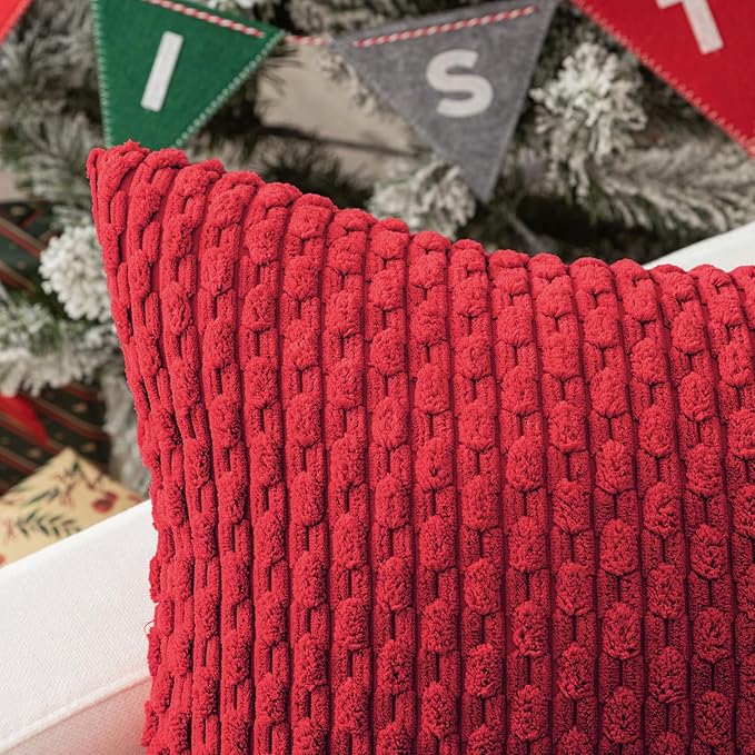 Kevin Textile Christmas Red Corduroy Decorative Throw Pillow Covers 16x16 Inch Pack of 2 Soft Boho Striped Pillow Covers Modern Farmhouse Home Decor for Sofa Living Room Couch Bed