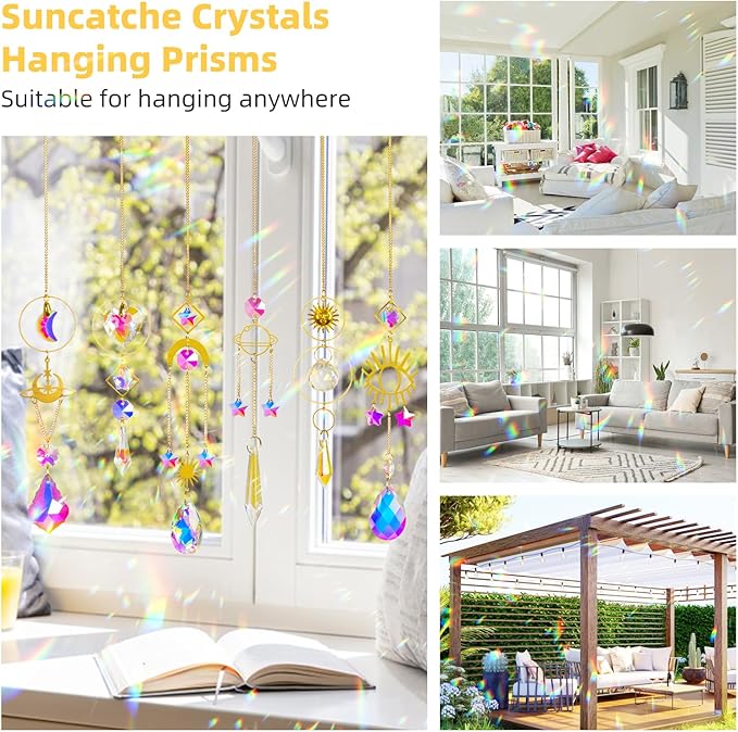 Sun Catchers 6Pieces Colorful Crystals Suncatcher with Chain Pendant Ornaments Hanging Crystals Prism Rainbow for Window Home Indoor Outdoor Car Mirror Garden Christmas Day Party