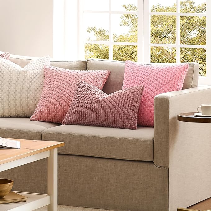 Kevin Textile Valentines Day Decorative Pillow Covers Set of 2 Striped Plush Corduroy Pillows Pillowcases Boho Home Decor Cushion Covers for Couch Sofa Bed Living Room 26x26 Inch, Pink