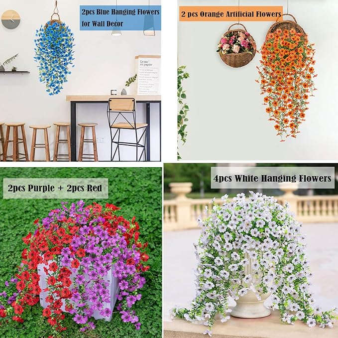 Artificial Hanging Flowers for Outdoors Faux Plants Decoration, 2 Packs Fake Silk Daisy Flower Realistic Outdoor Flowers UV Resistant Porch Patio Window Yard Outside Decor(Purple)