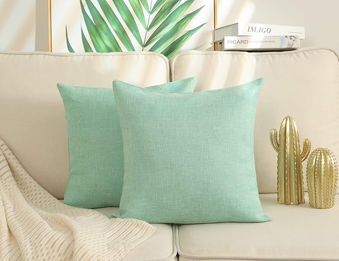 Stellhome Burlap Throw Pillow Covers Solid Farmhouse Linen Pillowcase for Bed Couch Sofa Bench, Set of 2, 24 x 24 inch (60 x 60 cm), Green