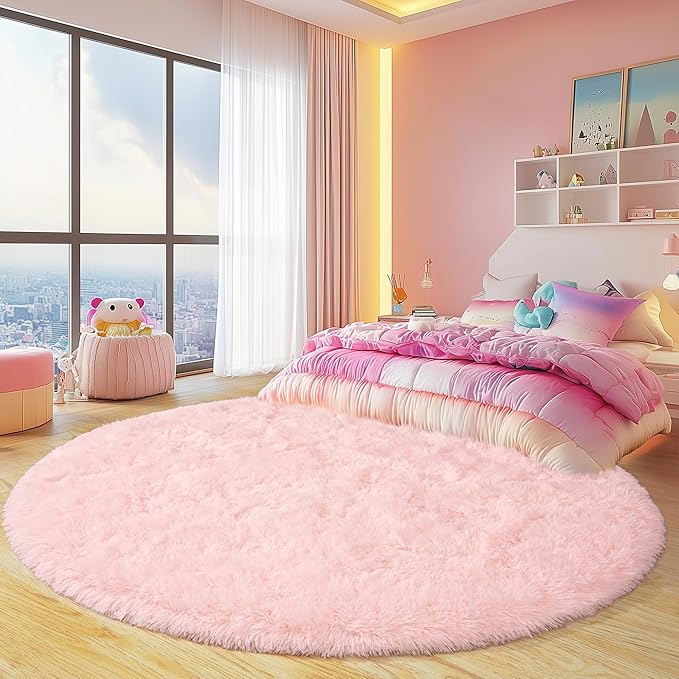 Round Fluffy Rugs 6Ft for Girls Bedroom, Pink Shag Circle Kids Rug Non-Slip for Bedside Dorm Nursery Playroom, Soft Cute Area Rugs for Living Room Decor