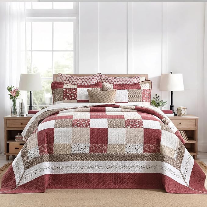 100% Cotton Oversized King Bedspread 120"x120" - Lightweight Vintage Country Quilt - 3 Piece California King Bedspreads Coverlet Set - Reversible Plaid Floral Bedding in Burgundy/Beige/Taupe/White