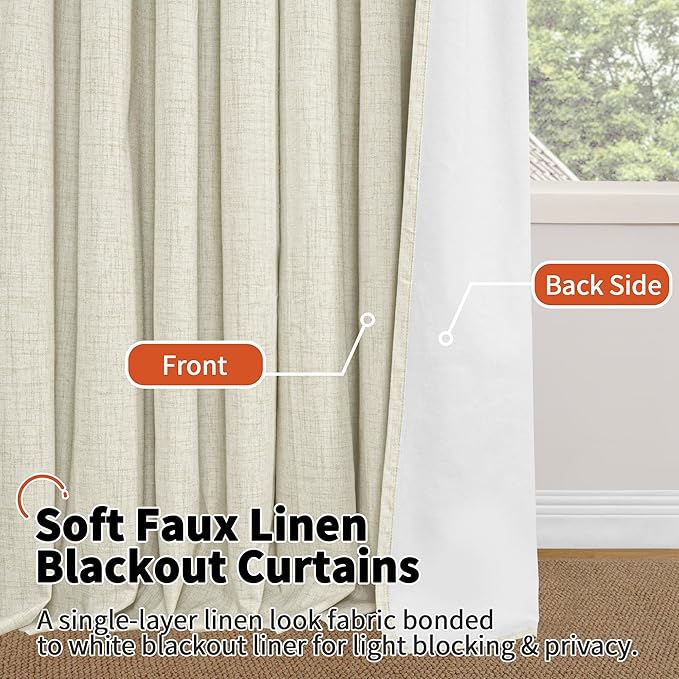 Lajode 40 Inch Length Linen Blackout Curtains for Short Cafe Window, Thermal Insulated Light Blocking Soundproof Privacy Burlap Curtains 2 Panels, Each 38 Inch Wide Natural