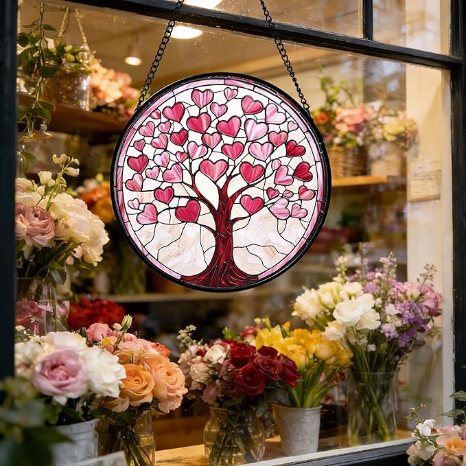 DASTOLL Stained Glass Window Hanging, Pink Love Heart Tree Suncatcher Hangings Beige Sun Catchers Decor for Birthday Holiday for Women, Men, Wife, Aunt, Mom 9.8IN