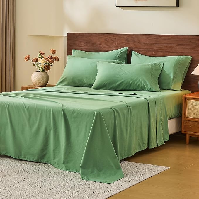 MEISHANG 100% French Pure Linen Sheets Queen Size - 6 PC Extra Deep Pocket Sheet Set, Soft Durable Flax Linen, Anti-Tear Breathable & Oeko-Tex Certified 18-24 Deep Pocket,All Season(Sage Green)
