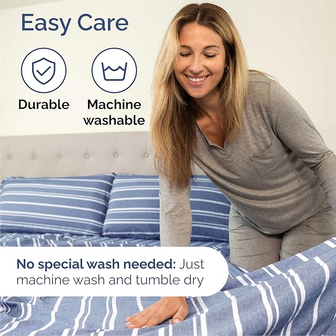 Cal King Size 4 Piece Sheet Set - Comfy Breathable & Cooling Bed Sheets Set - Hotel Luxury Bedding for Women, Men, Kids, Teens, Boys & Girls - Deep Pockets & Wrinkle Free - Oeko-Tex - Blue Stripes 3